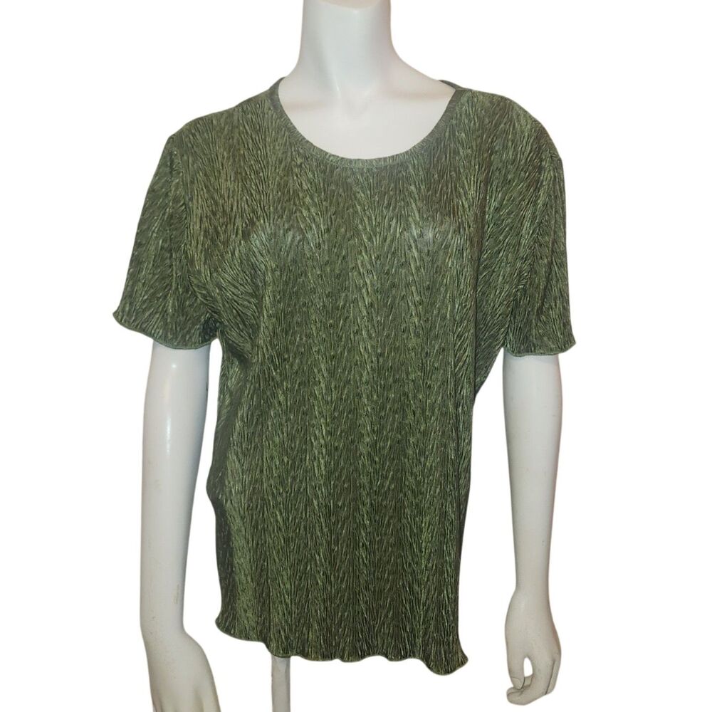 Jaclyn Smith Green Textured Short Sleeve Scalloped Hem Top Womens Size Large